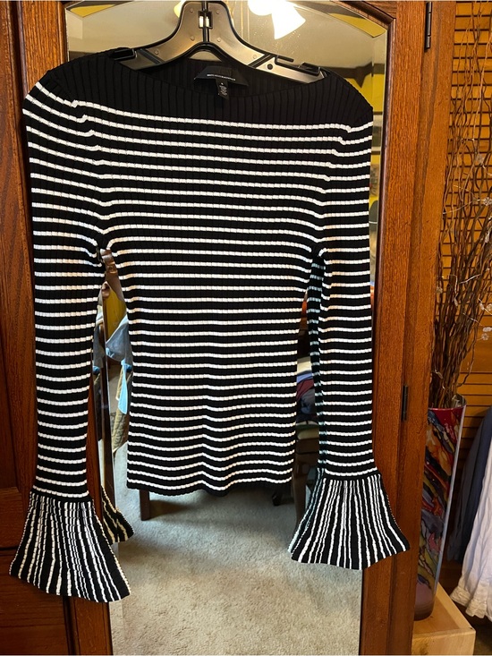 White House Black Market Sweaters - White House Black Market Black and White Striped Ribbed Bell-Sleeve Sweater